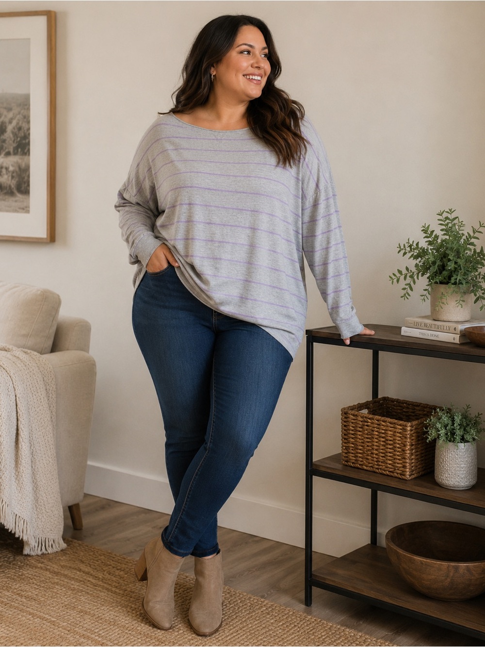 Lou & Grey Light Gray Sweater with Lilac Stripes